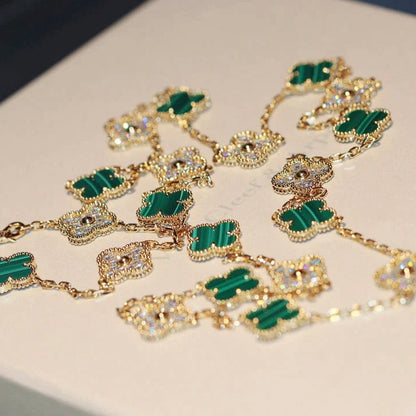 [Perla Lux]CLOVER 20 MOTIFS MALACHITE DIAMOND NECKLACE