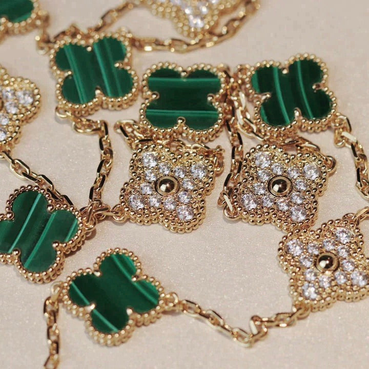 [Perla Lux]CLOVER 20 MOTIFS MALACHITE DIAMOND NECKLACE