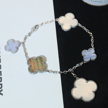 [Perla Lux]CLOVER BRACELET 5 MOTIFS MOP CHALCEDONY SILVER