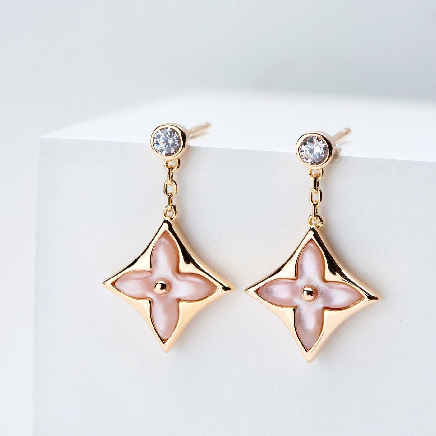[Perla Lux]DOUBLE STAR PINK GOLD MOP DROP EARRINGS