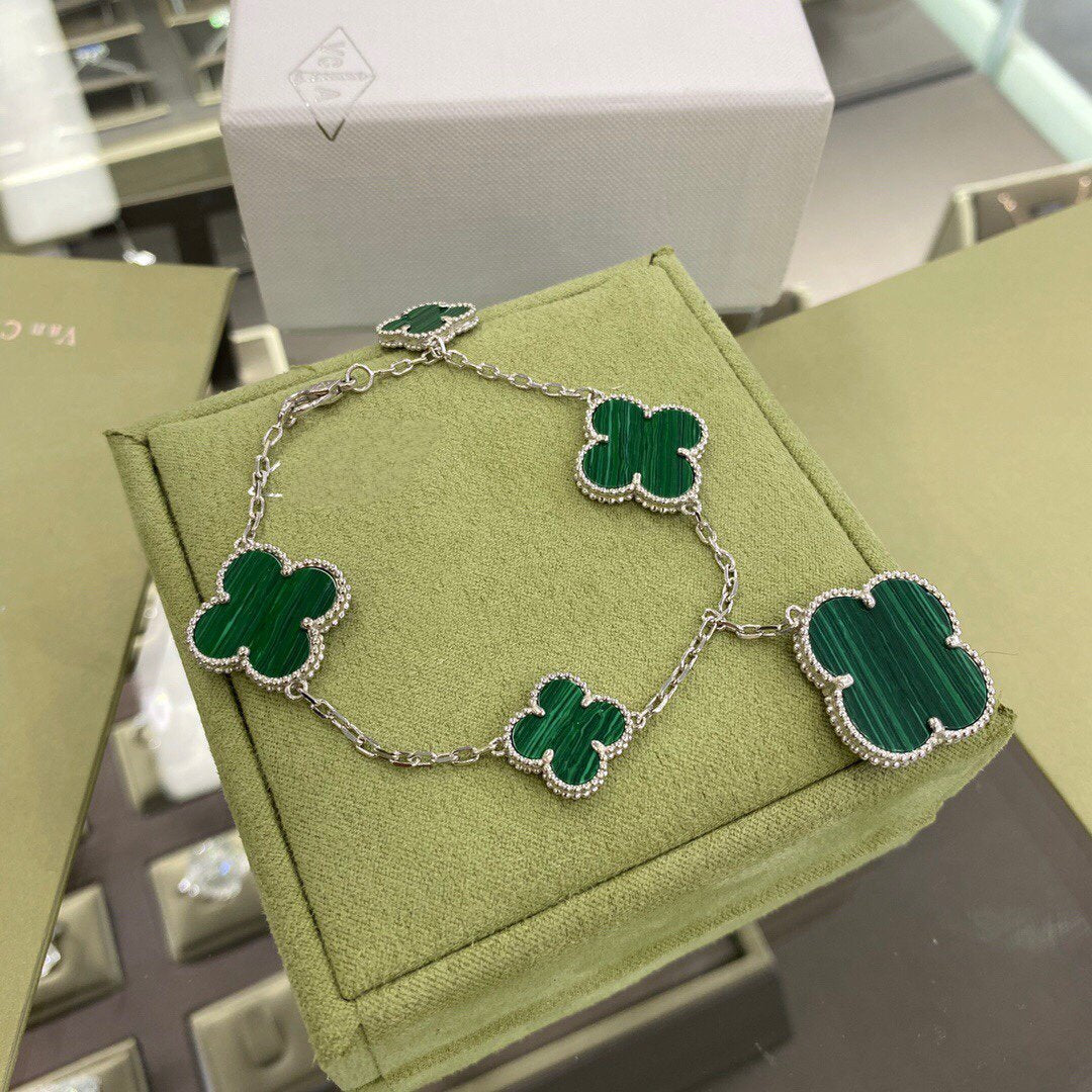 [Perla Lux]CLOVER 5 MOTIFS SIVLER MALACHITE BRACELET