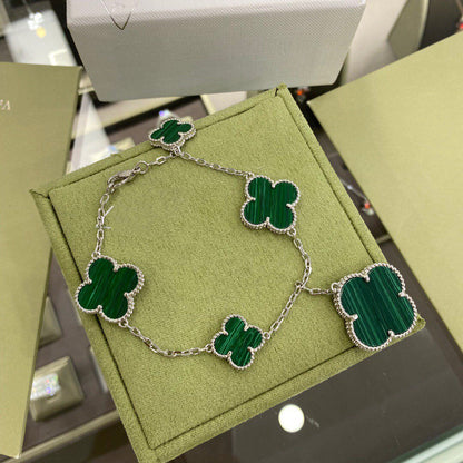 [Perla Lux]CLOVER 5 MOTIFS SIVLER MALACHITE BRACELET