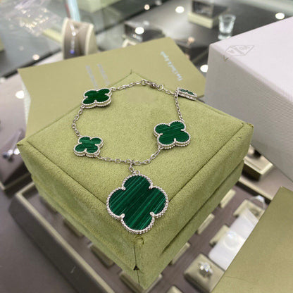 [Perla Lux]CLOVER 5 MOTIFS SIVLER MALACHITE BRACELET