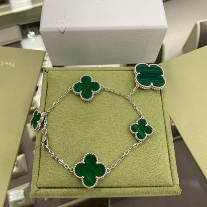 [Perla Lux]CLOVER 5 MOTIFS SIVLER MALACHITE BRACELET
