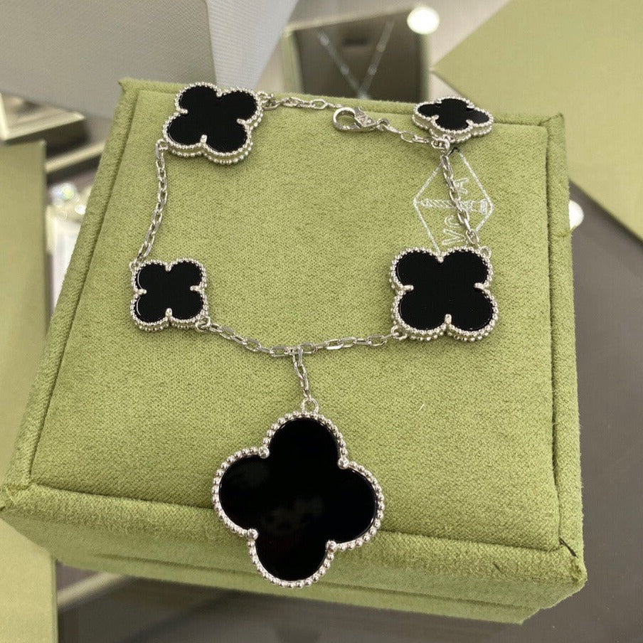[Perla Lux]CLOVER 5 MOTIFS SIVLER ONYX BRACELET