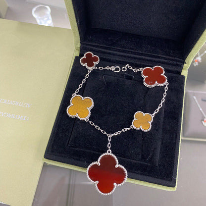 [Perla Lux]CLOVER 5 MOTIFS SIVLER CARNELIAN TIGER EYE BRACELET