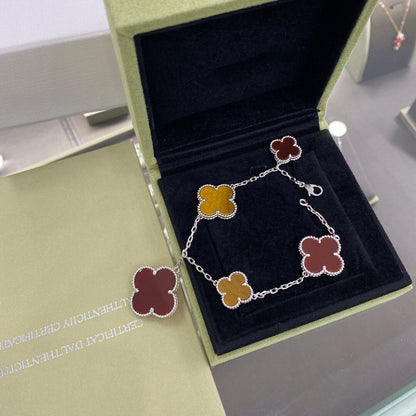 [Perla Lux]CLOVER 5 MOTIFS SIVLER CARNELIAN TIGER EYE BRACELET