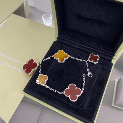 [Perla Lux]CLOVER 5 MOTIFS SIVLER CARNELIAN TIGER EYE BRACELET
