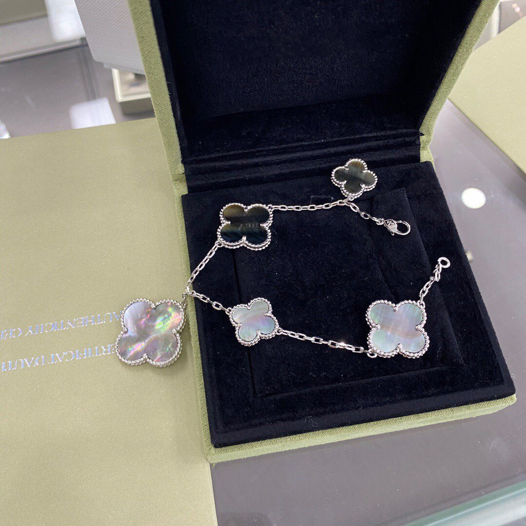 [Perla Lux]CLOVER 5 MOTIFS SIVLER DARK MOP BRACELET
