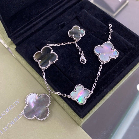 [Perla Lux]CLOVER 5 MOTIFS SIVLER DARK MOP BRACELET