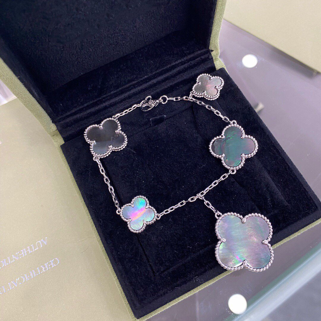[Perla Lux]CLOVER 5 MOTIFS SIVLER DARK MOP BRACELET