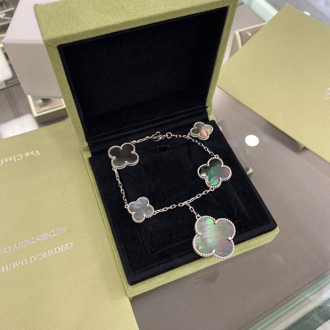 [Perla Lux]CLOVER 5 MOTIFS SIVLER DARK MOP BRACELET