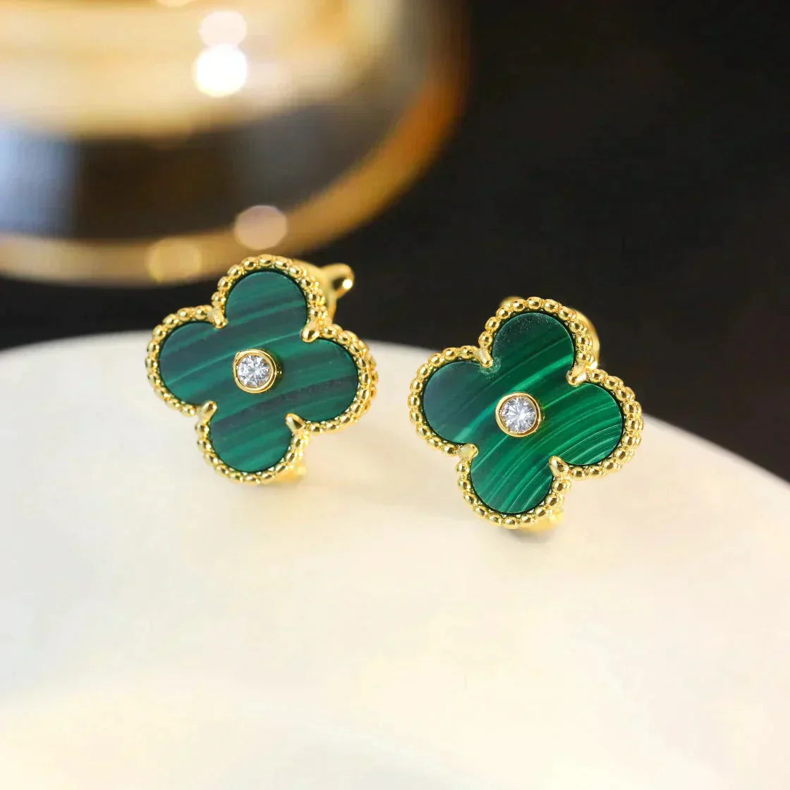 [Perla Lux]CLOVER MEDIUM 1 MOTIFS MALACHITE DIAMOND EARRINGS