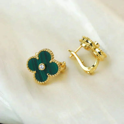 [Perla Lux]CLOVER MEDIUM 1 MOTIFS MALACHITE DIAMOND EARRINGS
