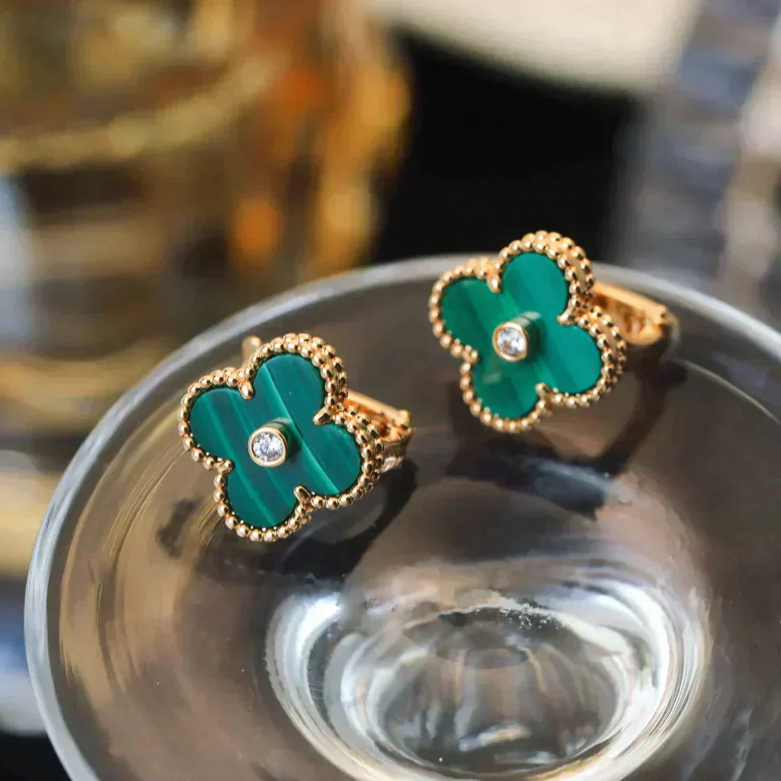 [Perla Lux]CLOVER MEDIUM 1 MOTIFS MALACHITE DIAMOND EARRINGS