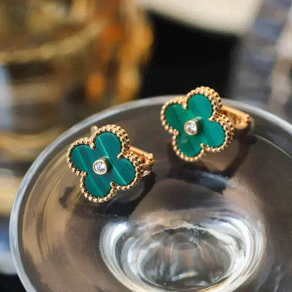 [Perla Lux]CLOVER MEDIUM 1 MOTIFS MALACHITE DIAMOND EARRINGS