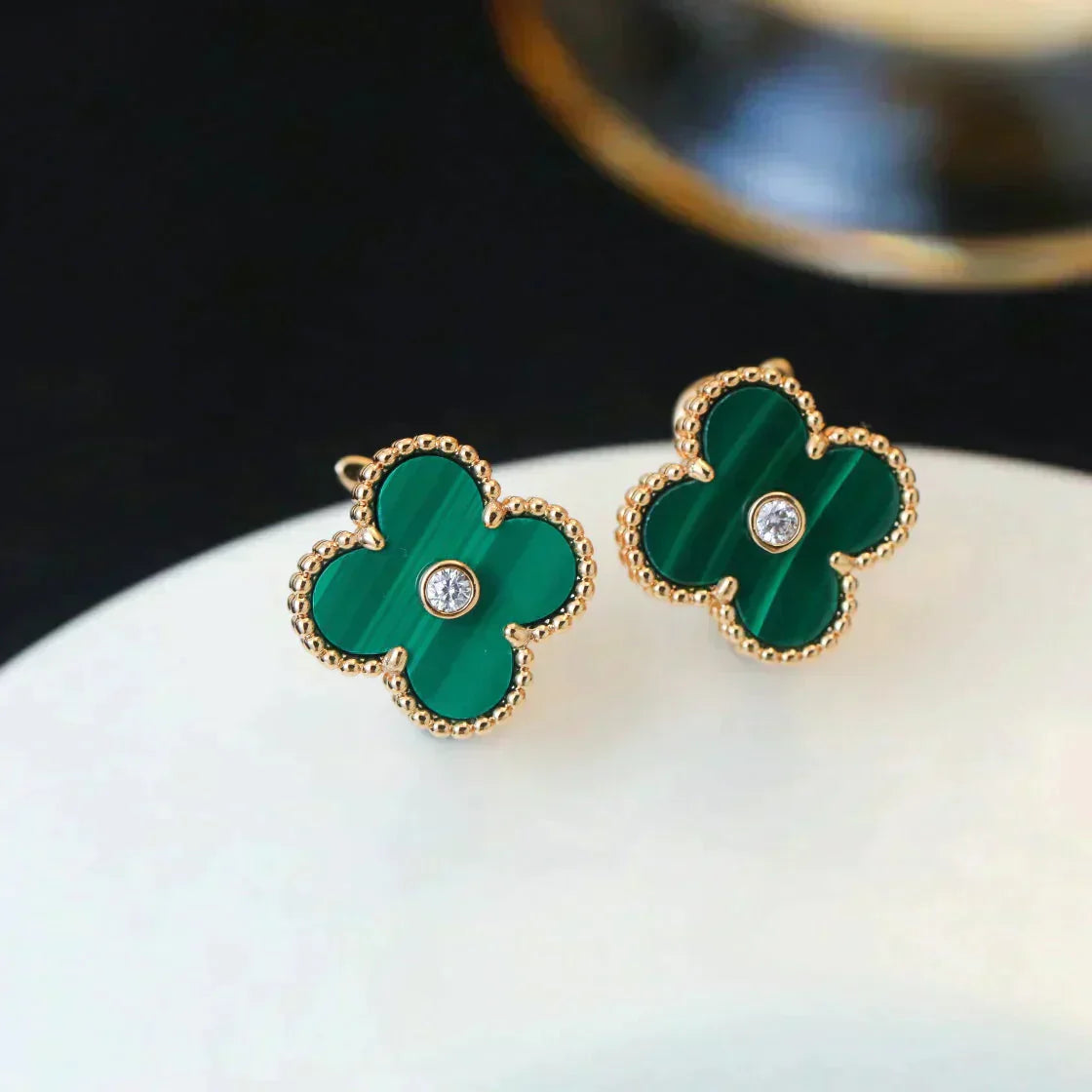 [Perla Lux]CLOVER MEDIUM 1 MOTIFS MALACHITE DIAMOND EARRINGS
