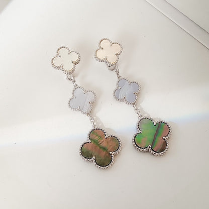 [Perla Lux]CLOVER 3 MOTIFS CHALCEDONY DARK MOP SILVER EARRINGS