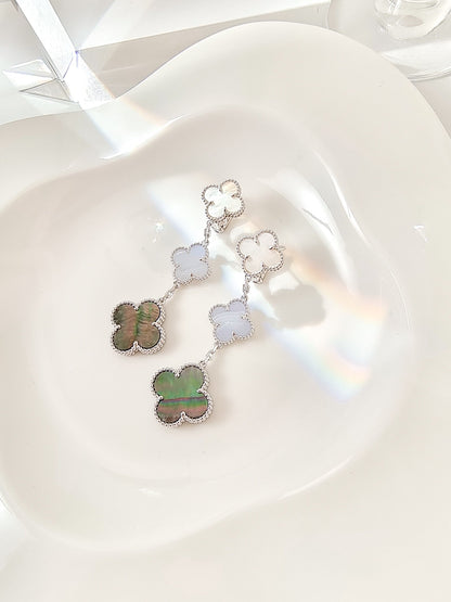 [Perla Lux]CLOVER 3 MOTIFS CHALCEDONY DARK MOP SILVER EARRINGS