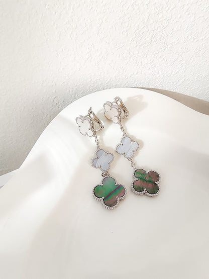[Perla Lux]CLOVER 3 MOTIFS CHALCEDONY DARK MOP SILVER EARRINGS