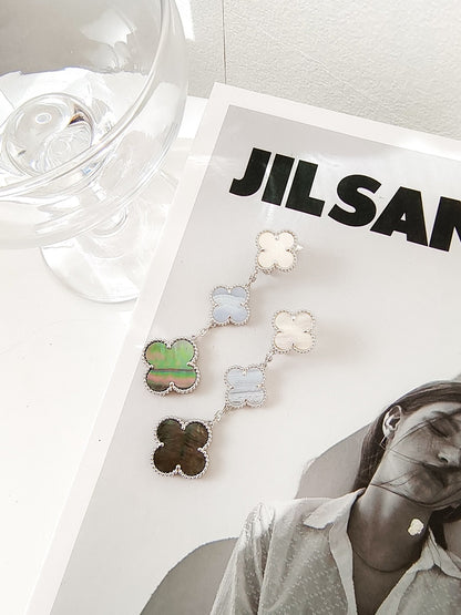 [Perla Lux]CLOVER 3 MOTIFS CHALCEDONY DARK MOP SILVER EARRINGS