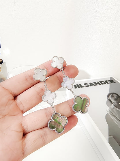 [Perla Lux]CLOVER 3 MOTIFS CHALCEDONY DARK MOP SILVER EARRINGS