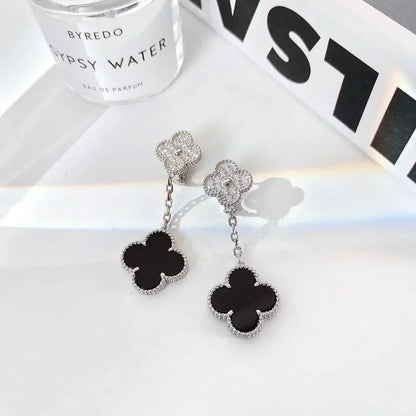 [Perla Lux]CLOVER 2 MOTIFS  DIAMOND ONYX EARRINGS SILVER