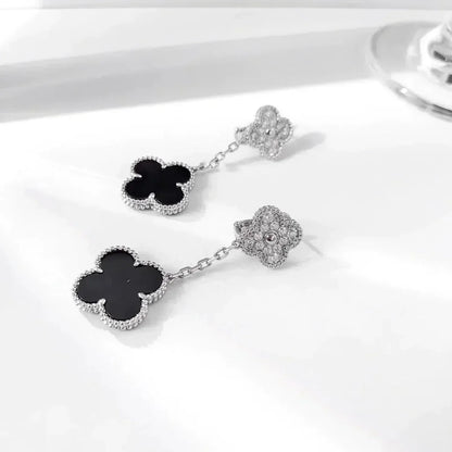 [Perla Lux]CLOVER 2 MOTIFS  DIAMOND ONYX EARRINGS SILVER