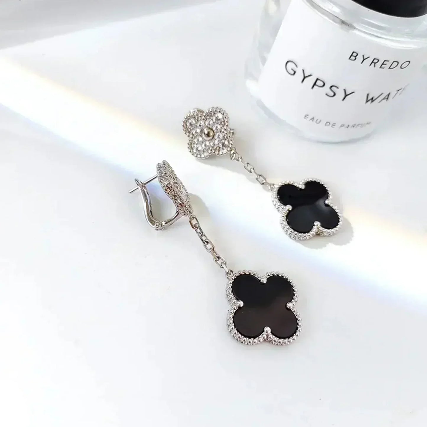 [Perla Lux]CLOVER 2 MOTIFS  DIAMOND ONYX EARRINGS SILVER