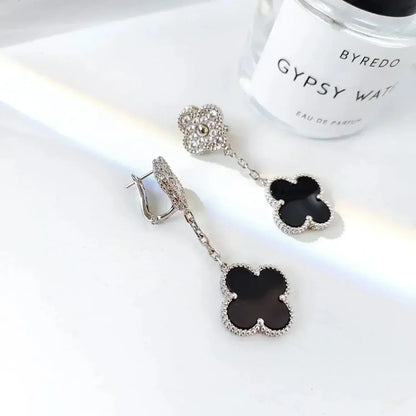 [Perla Lux]CLOVER 2 MOTIFS  DIAMOND ONYX EARRINGS SILVER