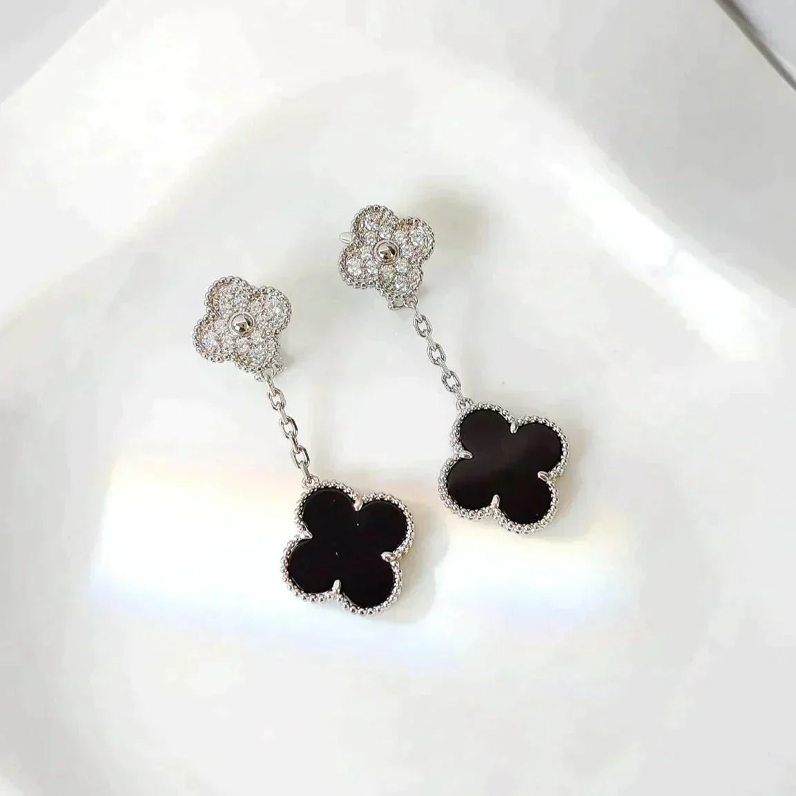 [Perla Lux]CLOVER 2 MOTIFS  DIAMOND ONYX EARRINGS SILVER