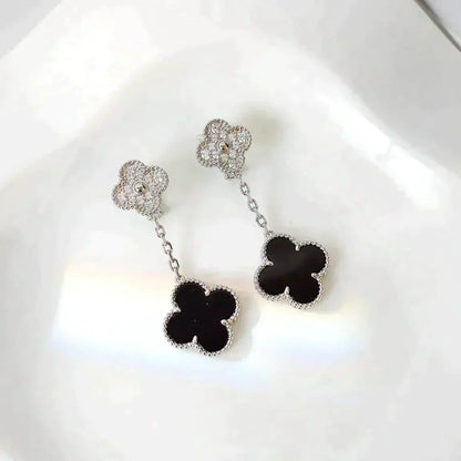 [Perla Lux]CLOVER 2 MOTIFS  DIAMOND ONYX EARRINGS SILVER
