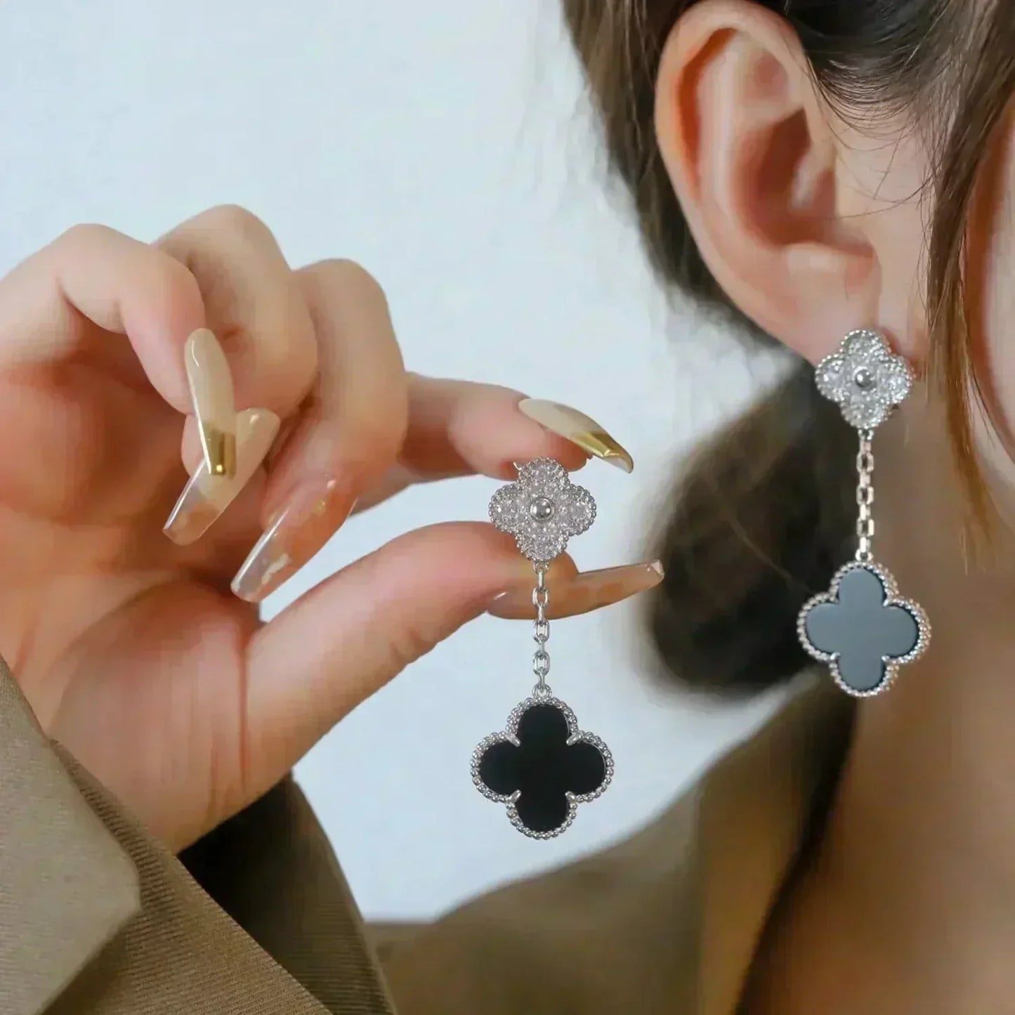 [Perla Lux]CLOVER 2 MOTIFS  DIAMOND ONYX EARRINGS SILVER