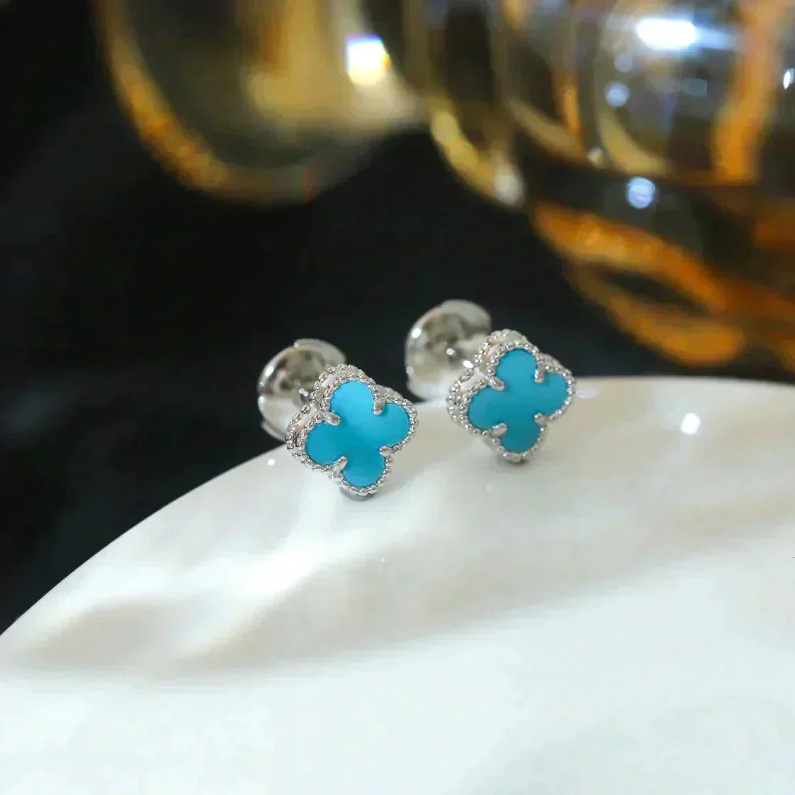[Perla Lux]CLOVER MINI 9.5MM ONYX STUD EARRINGS SILVER