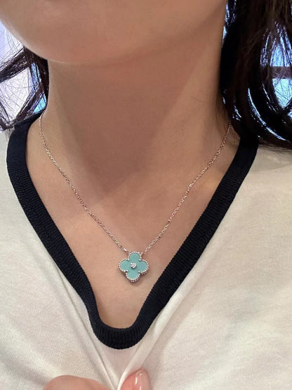 [Perla Lux]CLOVER 1 DIAMOND LIGHT BLUE SILVER NECKLACE