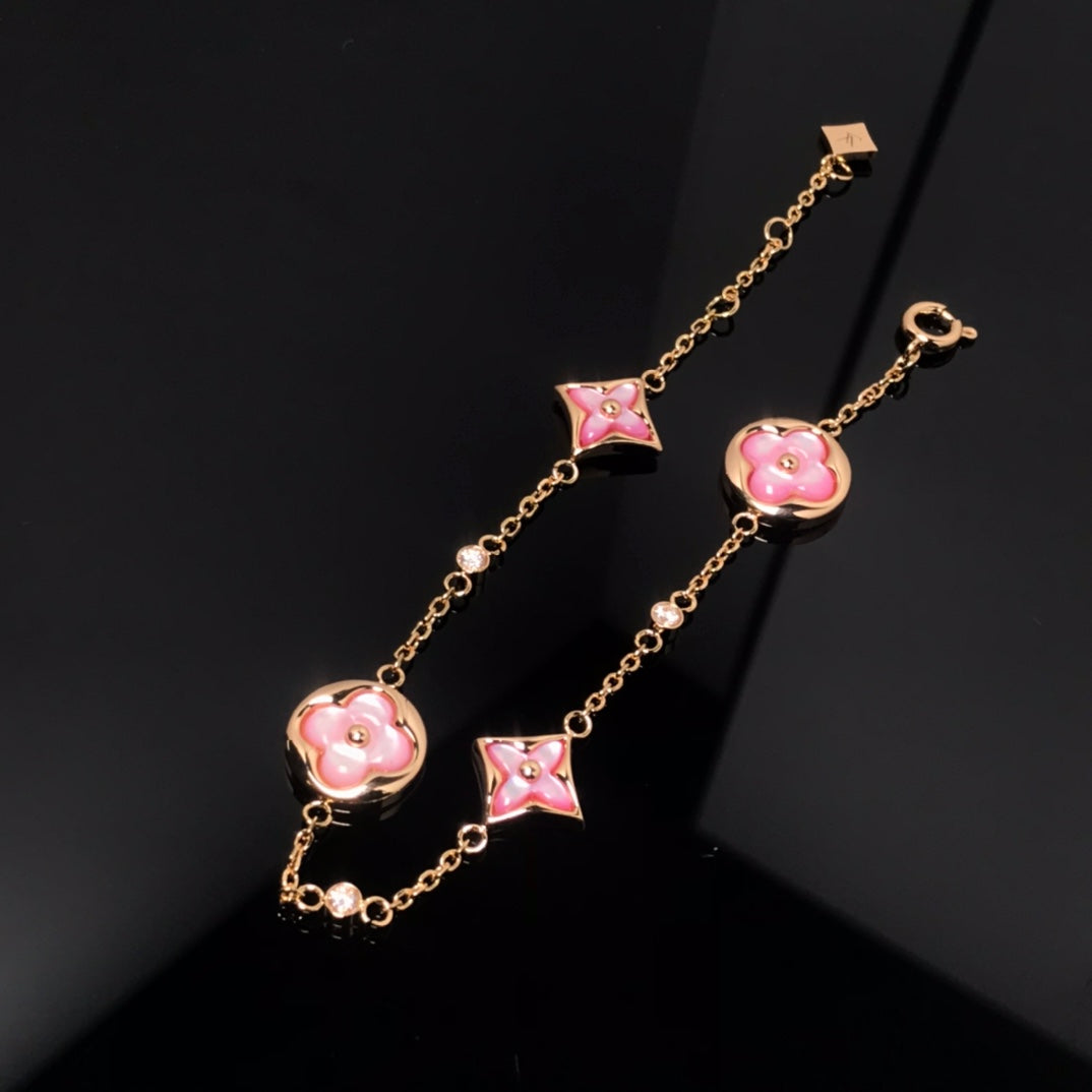 [Perla Lux]STAR AND SUN 4 MOTIF PINK MOP PINK GOLD BRACELET