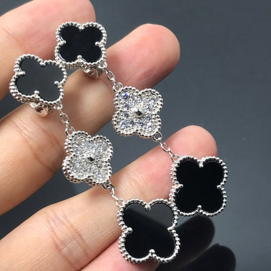 [Perla Lux]CLOVER 3 MOTIF DIAMOND ONYX SILVER EARRINGS