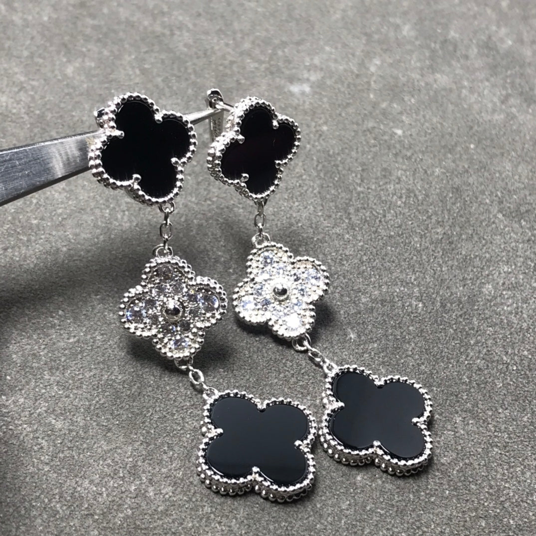 [Perla Lux]CLOVER 3 MOTIF DIAMOND ONYX SILVER EARRINGS