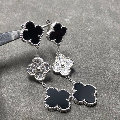 [Perla Lux]CLOVER 3 MOTIF DIAMOND ONYX SILVER EARRINGS