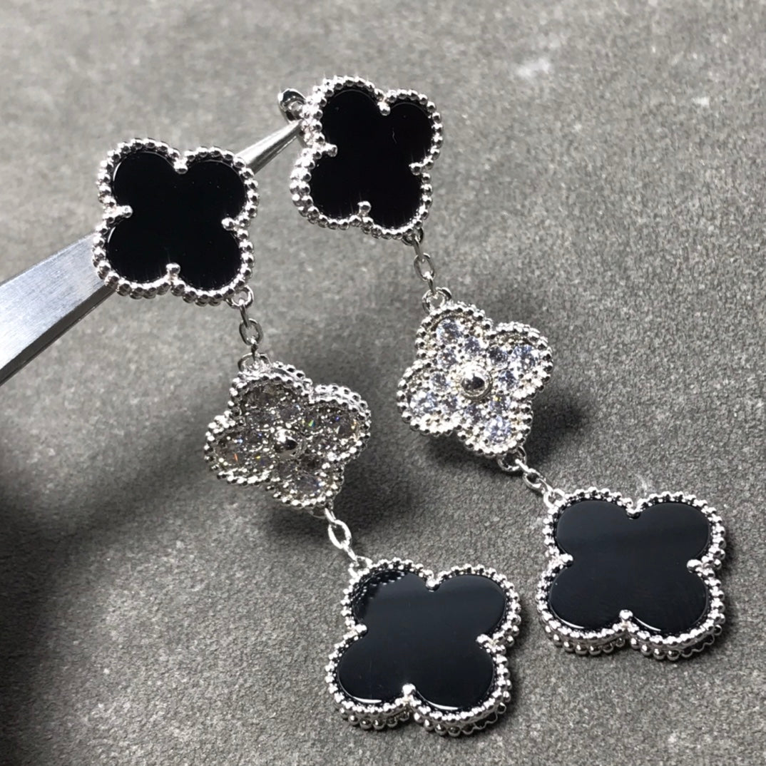 [Perla Lux]CLOVER 3 MOTIF DIAMOND ONYX SILVER EARRINGS