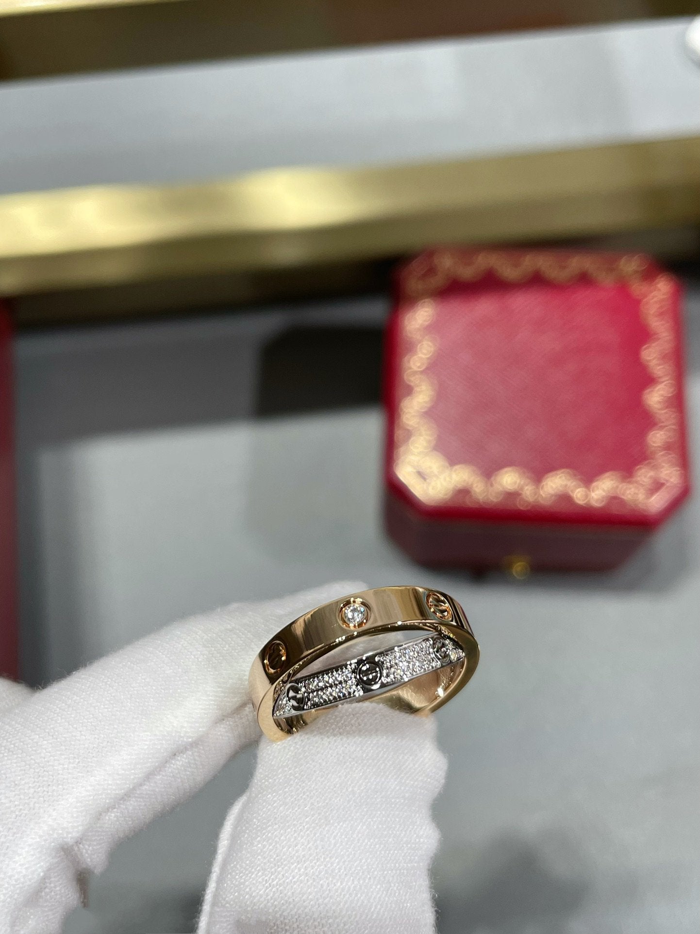 [Perla Lux]LOVE PINK GOLD SILVER DIAMOND DOUBLE RING