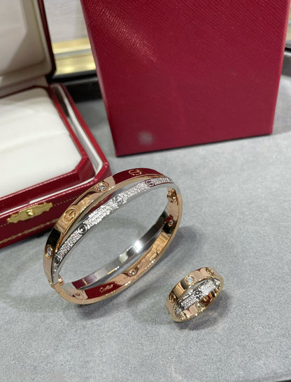 [Perla Lux]LOVE PINK GOLD SILVER DIAMOND DOUBLE RING