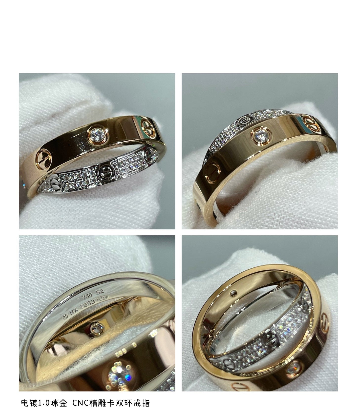 [Perla Lux]LOVE PINK GOLD SILVER DIAMOND DOUBLE RING