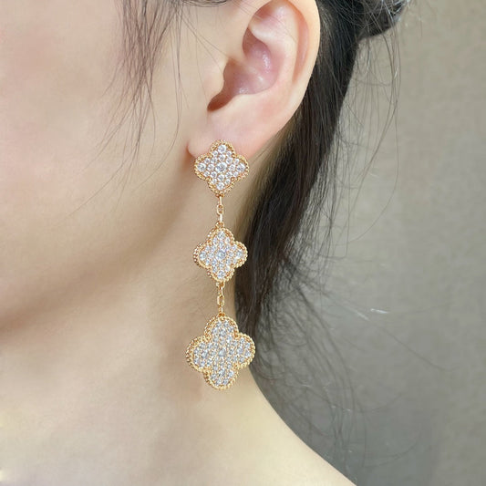 [Perla Lux]CLOVER 3 MOTIFS DIAMOND PAVED ROSE GOLD EARRINGS
