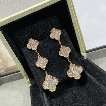 [Perla Lux]CLOVER 3 MOTIFS DIAMOND PAVED ROSE GOLD EARRINGS