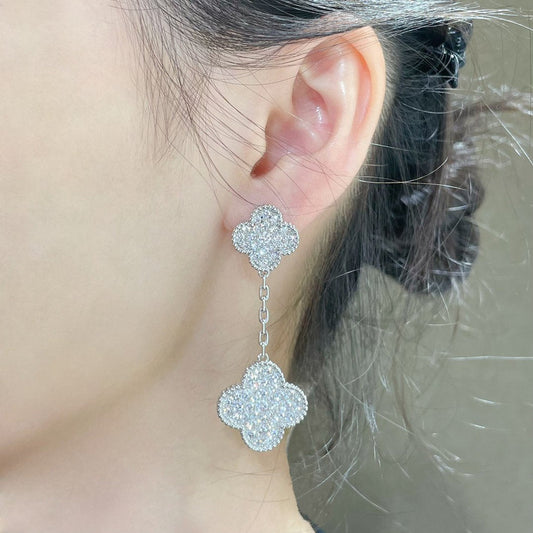 [Perla Lux]CLOVER 2 MOTIFS DIAMOND PAVED SILVER EARRINGS