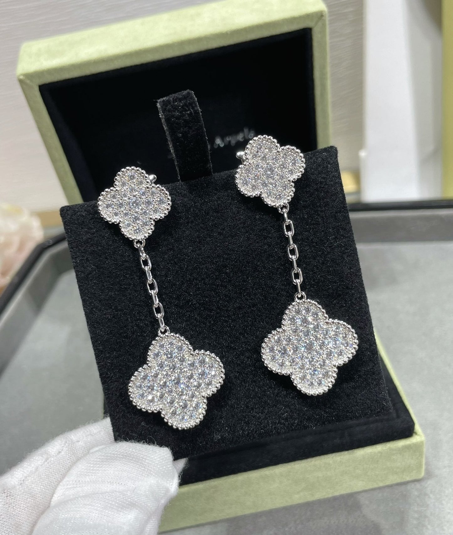 [Perla Lux]CLOVER 2 MOTIFS DIAMOND PAVED SILVER EARRINGS