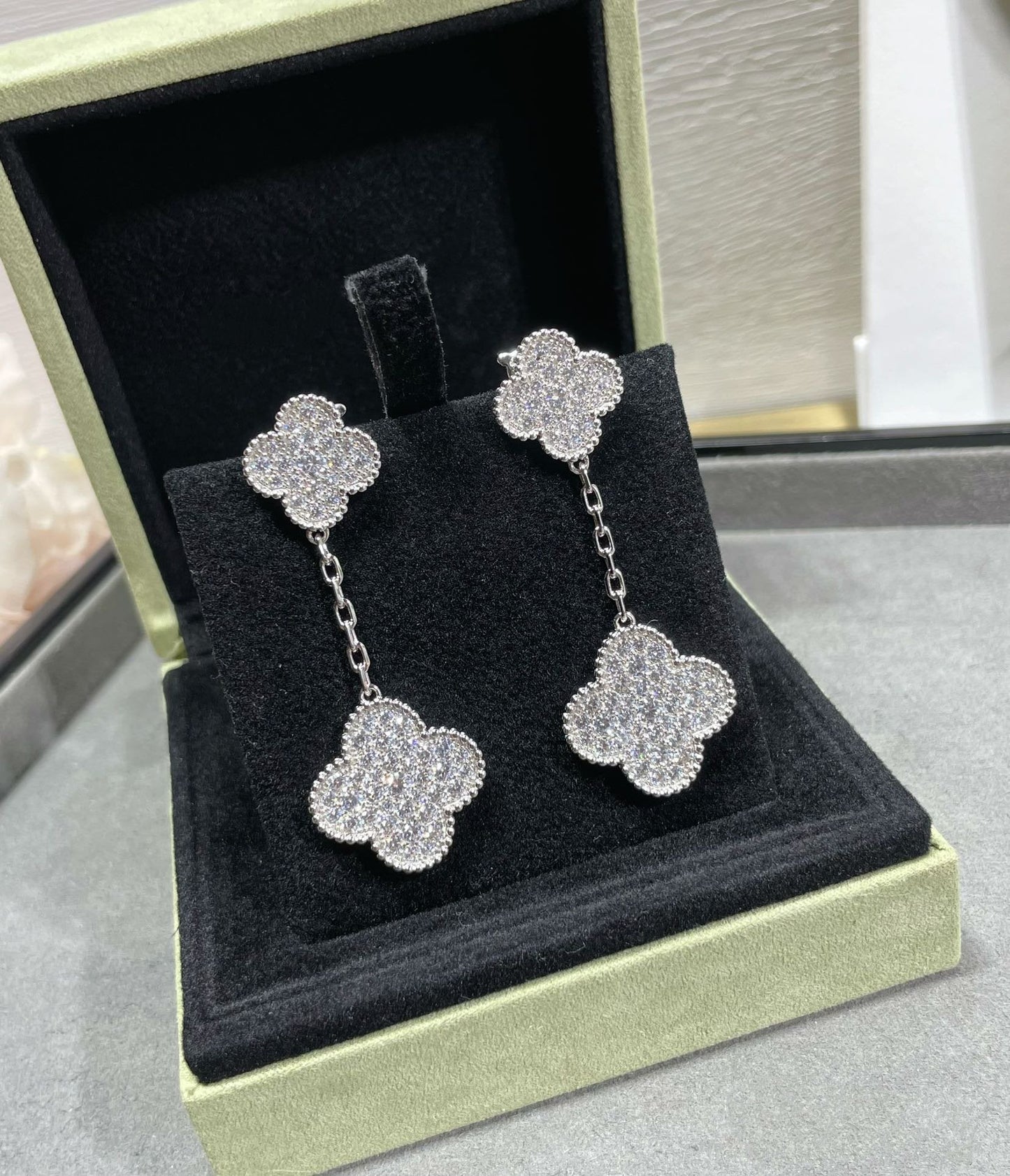 [Perla Lux]CLOVER 2 MOTIFS DIAMOND PAVED SILVER EARRINGS