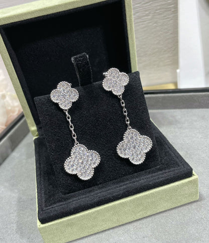 [Perla Lux]CLOVER 2 MOTIFS DIAMOND PAVED SILVER EARRINGS