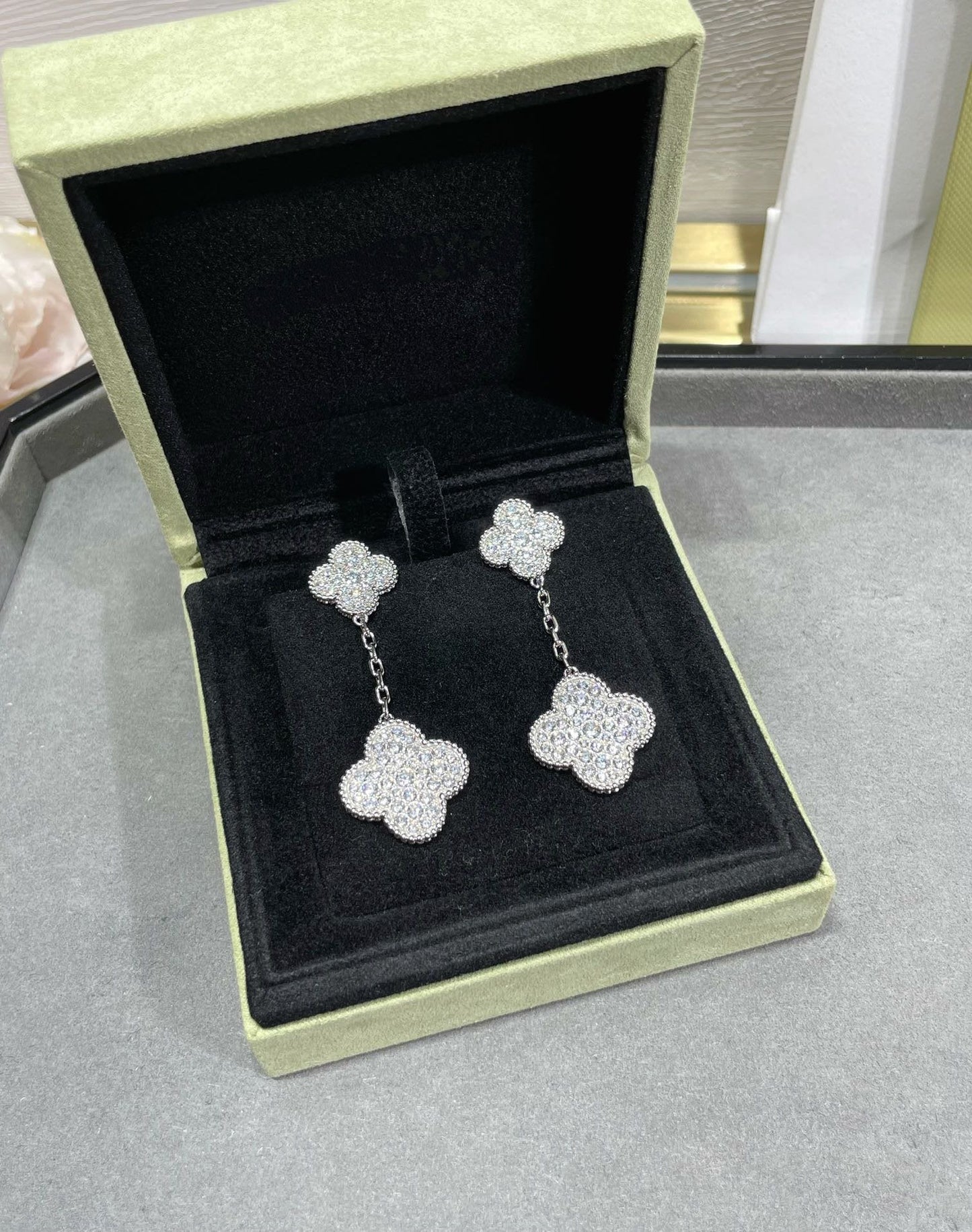 [Perla Lux]CLOVER 2 MOTIFS DIAMOND PAVED SILVER EARRINGS
